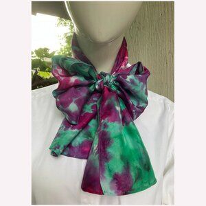 VTG 80s Silk Scarf Handpainted Pink and Green 54" X 10" Filmy Flowy Silk